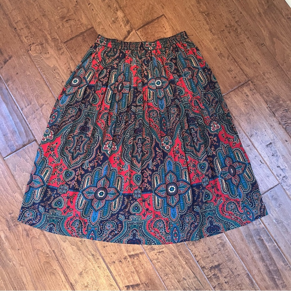 Alfred Dunner Red Green Midi A-Line Skirt Size 10 Vintage Paisley